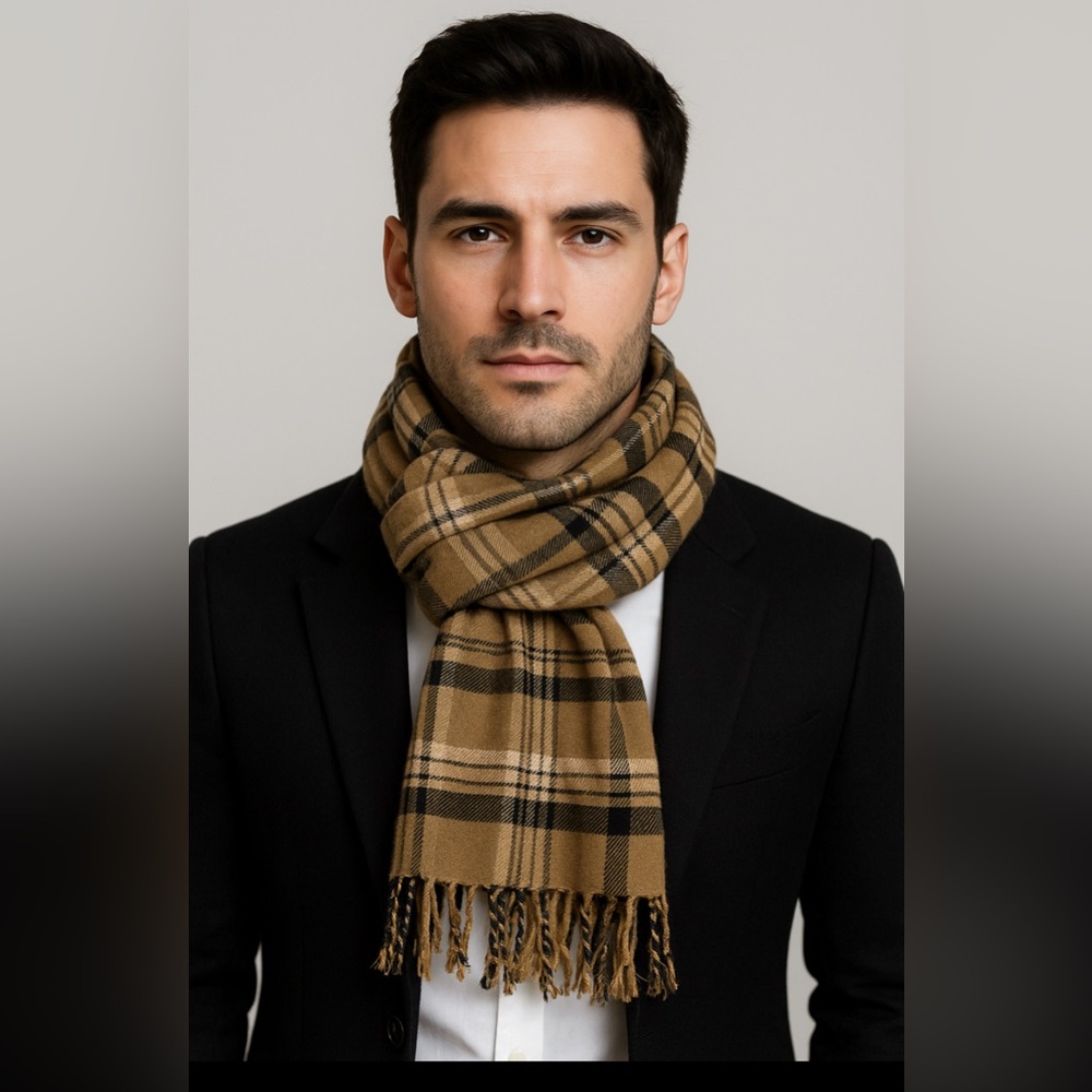 John Ashford Tan and Black Plaid Scarf